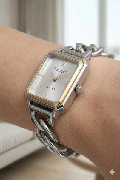 Ferrucci Gümüş Kare Kasa Kadın Kol Saati | 25 mm Çelik Kasa, Gümüş Metal Kordon, Gümüş Kadran