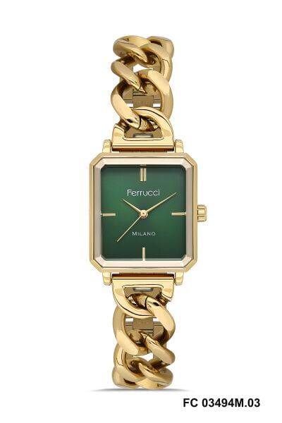 Ferrucci Altın Kare Kasa Kadın Kol Saati | 25 mm Çelik Kasa, Altın Metal Kordon, Yeşil Kadran