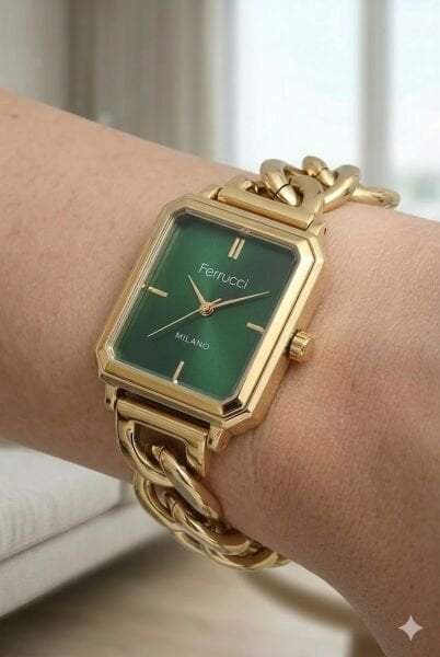 Ferrucci Altın Kare Kasa Kadın Kol Saati | 25 mm Çelik Kasa, Altın Metal Kordon, Yeşil Kadran