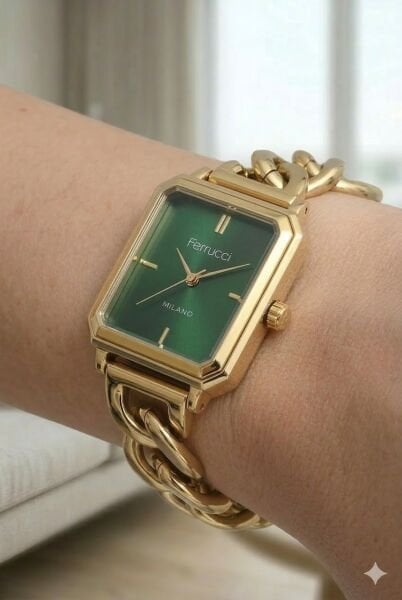 Ferrucci Altın Kare Kasa Kadın Kol Saati | 25 mm Çelik Kasa, Altın Metal Kordon, Yeşil Kadran