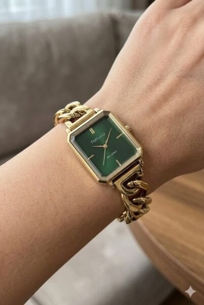 Ferrucci Altın Kare Kasa Kadın Kol Saati | 25 mm Çelik Kasa, Altın Metal Kordon, Yeşil Kadran