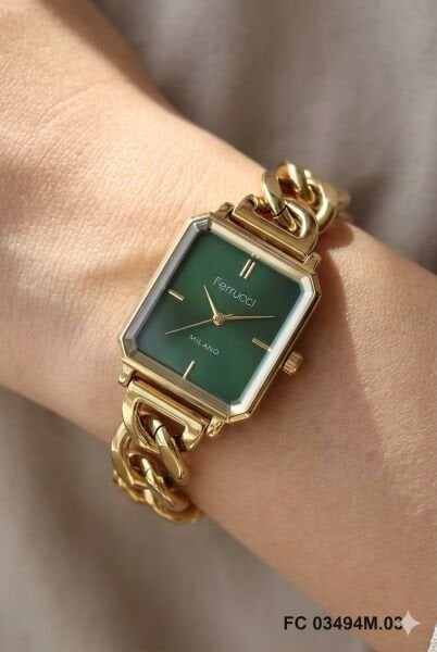 Ferrucci Altın Kare Kasa Kadın Kol Saati | 25 mm Çelik Kasa, Altın Metal Kordon, Yeşil Kadran