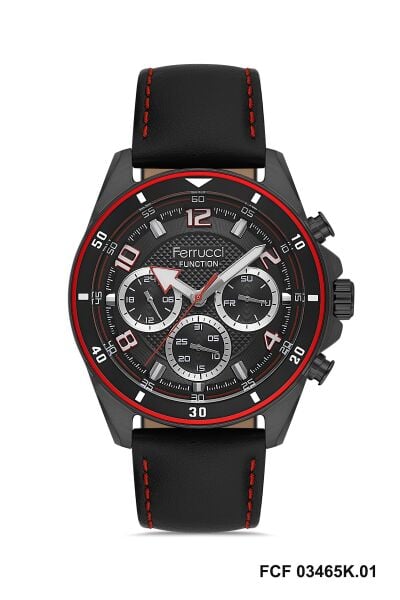 Ferrucci Siyah Yuvarlak Kasa Erkek Kol Saati | 44 mm Çelik Kasa, Siyah Deri Kordon, Siyah Kadran