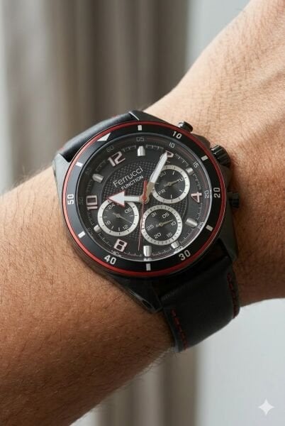 Ferrucci Siyah Yuvarlak Kasa Erkek Kol Saati | 44 mm Çelik Kasa, Siyah Deri Kordon, Siyah Kadran