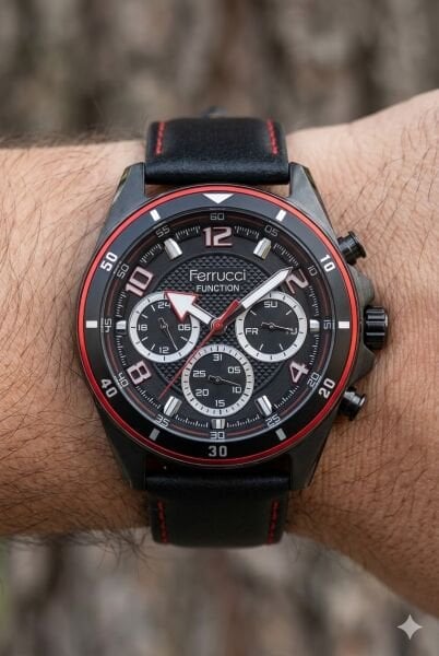 Ferrucci Siyah Yuvarlak Kasa Erkek Kol Saati | 44 mm Çelik Kasa, Siyah Deri Kordon, Siyah Kadran