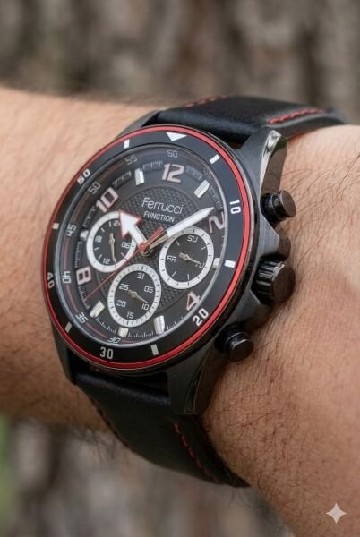 Ferrucci Siyah Yuvarlak Kasa Erkek Kol Saati | 44 mm Çelik Kasa, Siyah Deri Kordon, Siyah Kadran