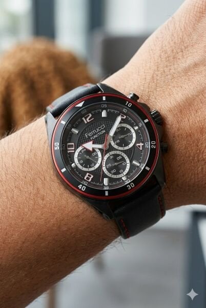 Ferrucci Siyah Yuvarlak Kasa Erkek Kol Saati | 44 mm Çelik Kasa, Siyah Deri Kordon, Siyah Kadran