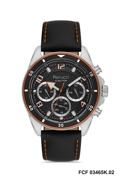 Ferrucci Gümüş Yuvarlak Kasa Erkek Kol Saati | 43 mm Çelik Kasa, Siyah Deri Kordon, Siyah Kadran
