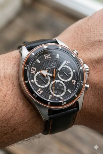 Ferrucci Gümüş Yuvarlak Kasa Erkek Kol Saati | 43 mm Çelik Kasa, Siyah Deri Kordon, Siyah Kadran