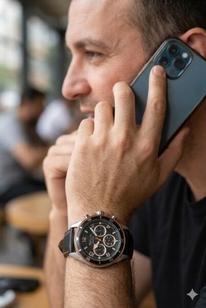 Ferrucci Gümüş Yuvarlak Kasa Erkek Kol Saati | 43 mm Çelik Kasa, Siyah Deri Kordon, Siyah Kadran