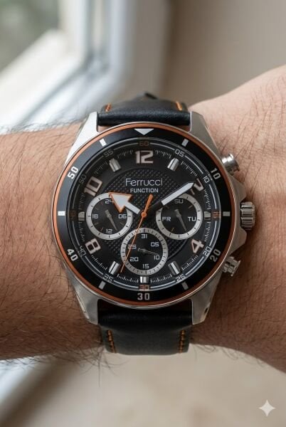 Ferrucci Gümüş Yuvarlak Kasa Erkek Kol Saati | 43 mm Çelik Kasa, Siyah Deri Kordon, Siyah Kadran