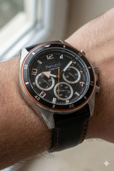 Ferrucci Gümüş Yuvarlak Kasa Erkek Kol Saati | 43 mm Çelik Kasa, Siyah Deri Kordon, Siyah Kadran