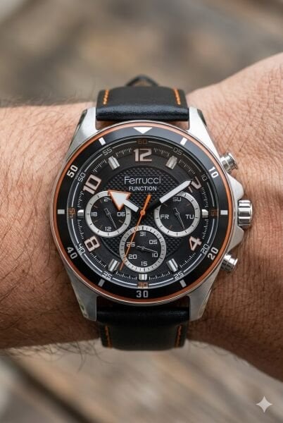 Ferrucci Gümüş Yuvarlak Kasa Erkek Kol Saati | 43 mm Çelik Kasa, Siyah Deri Kordon, Siyah Kadran