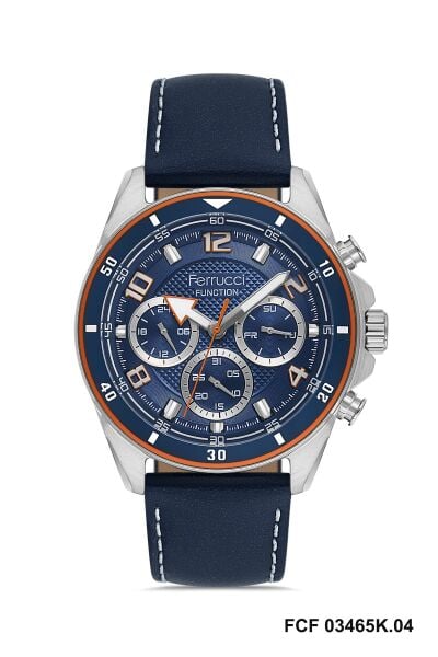 Ferrucci Gümüş Yuvarlak Kasa Erkek Kol Saati | 44 mm Çelik Kasa, Lacivert Deri Kordon, Lacivert Kadran