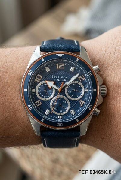 Ferrucci Gümüş Yuvarlak Kasa Erkek Kol Saati | 44 mm Çelik Kasa, Lacivert Deri Kordon, Lacivert Kadran