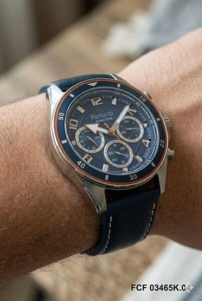 Ferrucci Gümüş Yuvarlak Kasa Erkek Kol Saati | 44 mm Çelik Kasa, Lacivert Deri Kordon, Lacivert Kadran