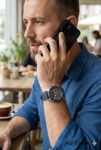 Ferrucci Gümüş Yuvarlak Kasa Erkek Kol Saati | 44 mm Çelik Kasa, Lacivert Deri Kordon, Lacivert Kadran