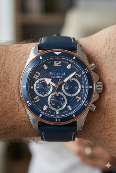Ferrucci Gümüş Yuvarlak Kasa Erkek Kol Saati | 44 mm Çelik Kasa, Lacivert Deri Kordon, Lacivert Kadran