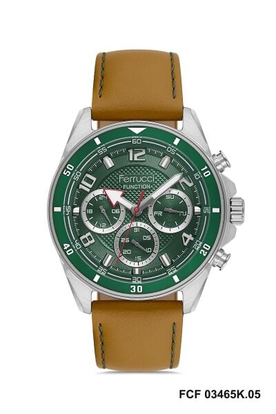 Ferrucci Gümüş Yuvarlak Kasa Erkek Kol Saati | 44 mm Çelik Kasa, Açık Kahverengi Deri Kordon, Yeşil Kadran