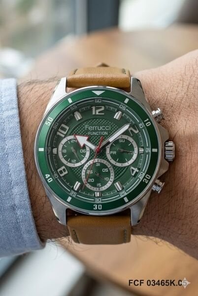 Ferrucci Gümüş Yuvarlak Kasa Erkek Kol Saati | 44 mm Çelik Kasa, Açık Kahverengi Deri Kordon, Yeşil Kadran