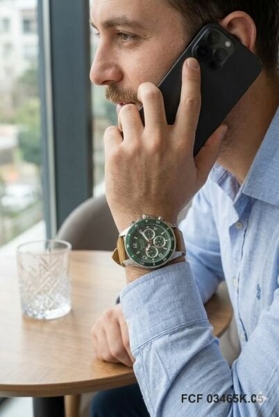 Ferrucci Gümüş Yuvarlak Kasa Erkek Kol Saati | 44 mm Çelik Kasa, Açık Kahverengi Deri Kordon, Yeşil Kadran