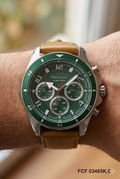 Ferrucci Gümüş Yuvarlak Kasa Erkek Kol Saati | 44 mm Çelik Kasa, Açık Kahverengi Deri Kordon, Yeşil Kadran
