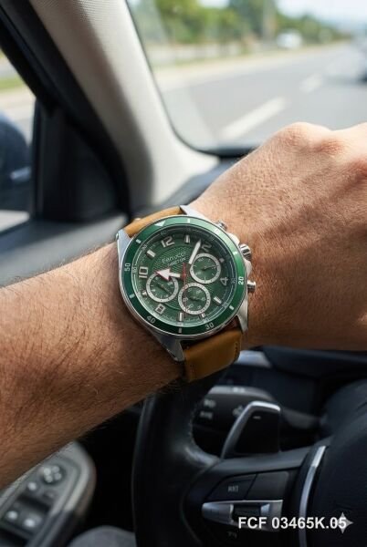 Ferrucci Gümüş Yuvarlak Kasa Erkek Kol Saati | 44 mm Çelik Kasa, Açık Kahverengi Deri Kordon, Yeşil Kadran