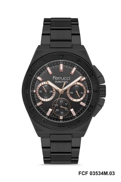 Ferrucci Siyah Yuvarlak Kasa Erkek Kol Saati | 42 mm Çelik Kasa, Siyah Metal Kordon, Siyah Kadran