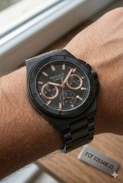 Ferrucci Siyah Yuvarlak Kasa Erkek Kol Saati | 42 mm Çelik Kasa, Siyah Metal Kordon, Siyah Kadran