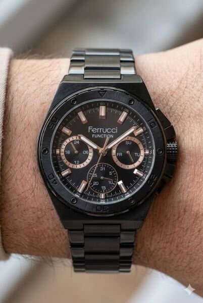 Ferrucci Siyah Yuvarlak Kasa Erkek Kol Saati | 42 mm Çelik Kasa, Siyah Metal Kordon, Siyah Kadran