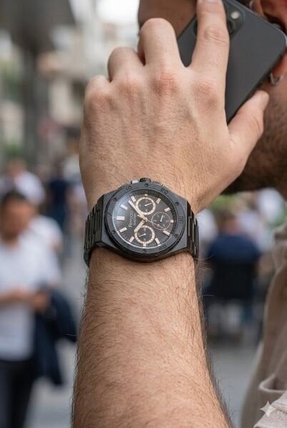 Ferrucci Siyah Yuvarlak Kasa Erkek Kol Saati | 42 mm Çelik Kasa, Siyah Metal Kordon, Siyah Kadran