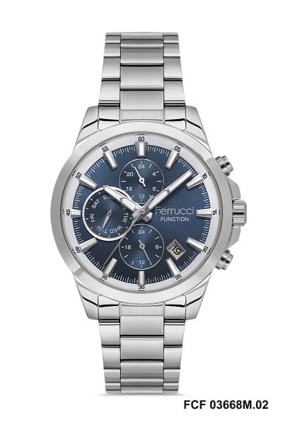 Ferrucci Gümüş Yuvarlak Kasa Erkek Kol Saati | 42 mm Çelik Kasa, Gümüş Metal Kordon, Lacivert Kadran