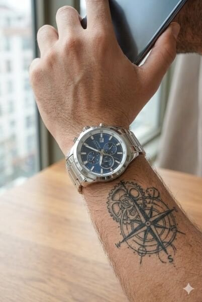 Ferrucci Gümüş Yuvarlak Kasa Erkek Kol Saati | 42 mm Çelik Kasa, Gümüş Metal Kordon, Lacivert Kadran