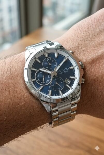 Ferrucci Gümüş Yuvarlak Kasa Erkek Kol Saati | 42 mm Çelik Kasa, Gümüş Metal Kordon, Lacivert Kadran