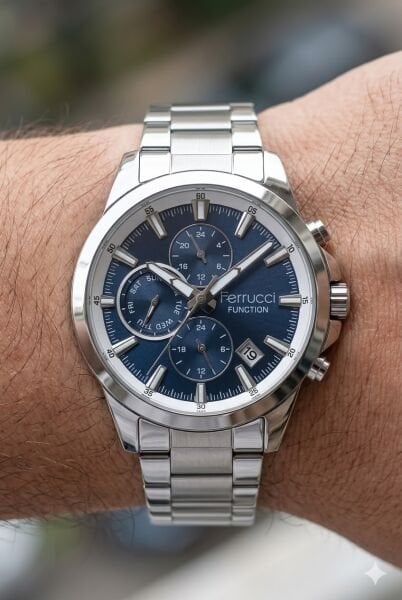 Ferrucci Gümüş Yuvarlak Kasa Erkek Kol Saati | 42 mm Çelik Kasa, Gümüş Metal Kordon, Lacivert Kadran
