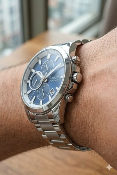 Ferrucci Gümüş Yuvarlak Kasa Erkek Kol Saati | 42 mm Çelik Kasa, Gümüş Metal Kordon, Lacivert Kadran