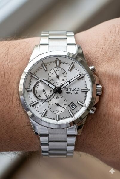 Ferrucci Gümüş Kasa Erkek Kol Saati | 42 mm Çelik Kasa, Gümüş Metal Kordon, Gümüş Kadran