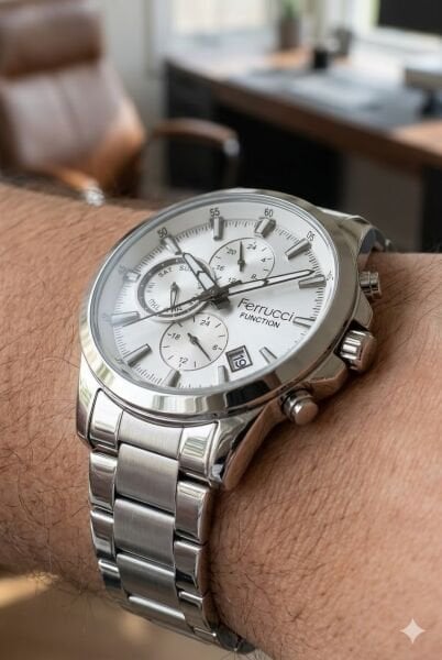 Ferrucci Gümüş Kasa Erkek Kol Saati | 42 mm Çelik Kasa, Gümüş Metal Kordon, Gümüş Kadran