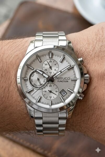 Ferrucci Gümüş Kasa Erkek Kol Saati | 42 mm Çelik Kasa, Gümüş Metal Kordon, Gümüş Kadran