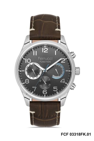 Ferrucci Modern Kasa Erkek Kol Saati | 44 mm Çelik Kasa, Koyu Kahverengi Deri Kordon, Gri Kadran