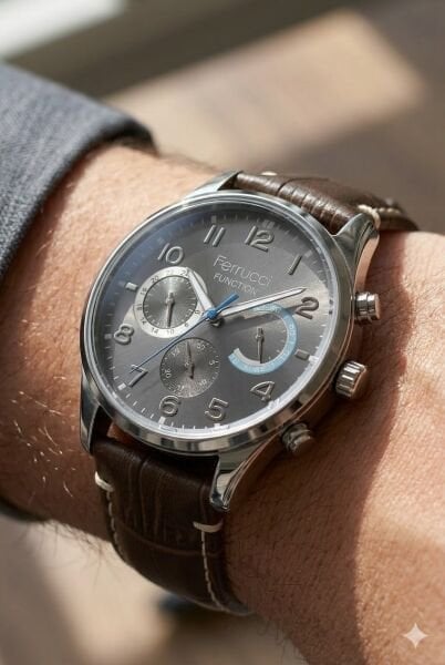 Ferrucci Modern Kasa Erkek Kol Saati | 44 mm Çelik Kasa, Koyu Kahverengi Deri Kordon, Gri Kadran
