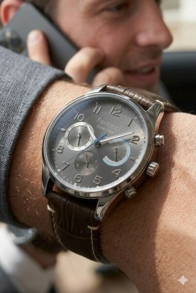 Ferrucci Modern Kasa Erkek Kol Saati | 44 mm Çelik Kasa, Koyu Kahverengi Deri Kordon, Gri Kadran