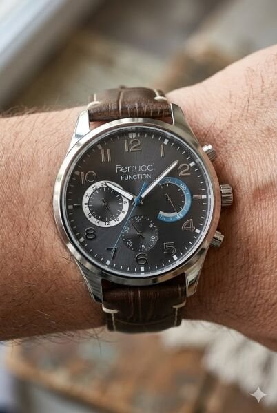 Ferrucci Modern Kasa Erkek Kol Saati | 44 mm Çelik Kasa, Koyu Kahverengi Deri Kordon, Gri Kadran