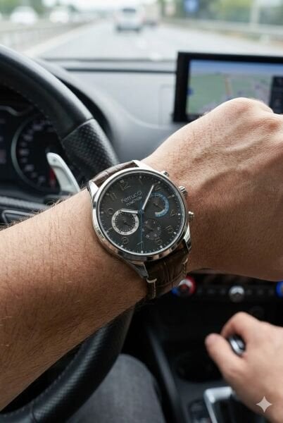 Ferrucci Modern Kasa Erkek Kol Saati | 44 mm Çelik Kasa, Koyu Kahverengi Deri Kordon, Gri Kadran