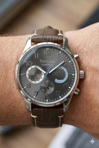Ferrucci Modern Kasa Erkek Kol Saati | 44 mm Çelik Kasa, Koyu Kahverengi Deri Kordon, Gri Kadran