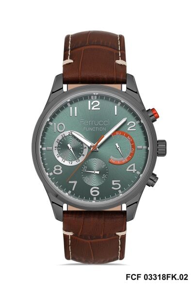 Ferrucci Kasa Erkek Kol Saati | 44 mm Çelik Kasa, Açık Kahverengi Deri Kordon, Yeşil Kadran
