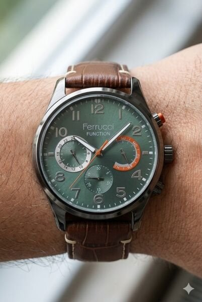 Ferrucci Kasa Erkek Kol Saati | 44 mm Çelik Kasa, Açık Kahverengi Deri Kordon, Yeşil Kadran