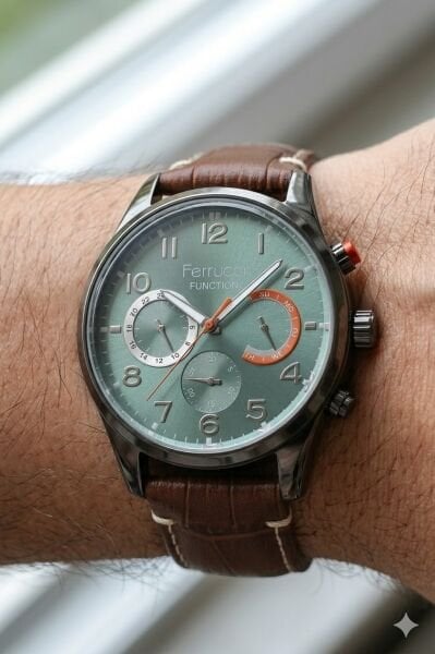 Ferrucci Kasa Erkek Kol Saati | 44 mm Çelik Kasa, Açık Kahverengi Deri Kordon, Yeşil Kadran