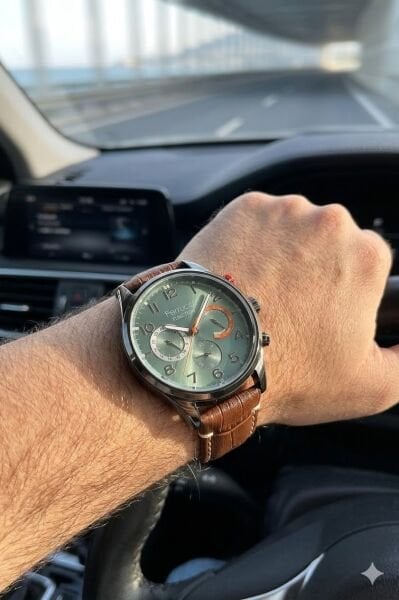 Ferrucci Kasa Erkek Kol Saati | 44 mm Çelik Kasa, Açık Kahverengi Deri Kordon, Yeşil Kadran