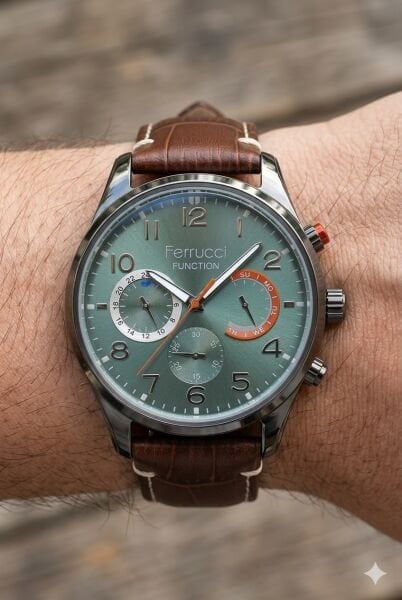 Ferrucci Kasa Erkek Kol Saati | 44 mm Çelik Kasa, Açık Kahverengi Deri Kordon, Yeşil Kadran